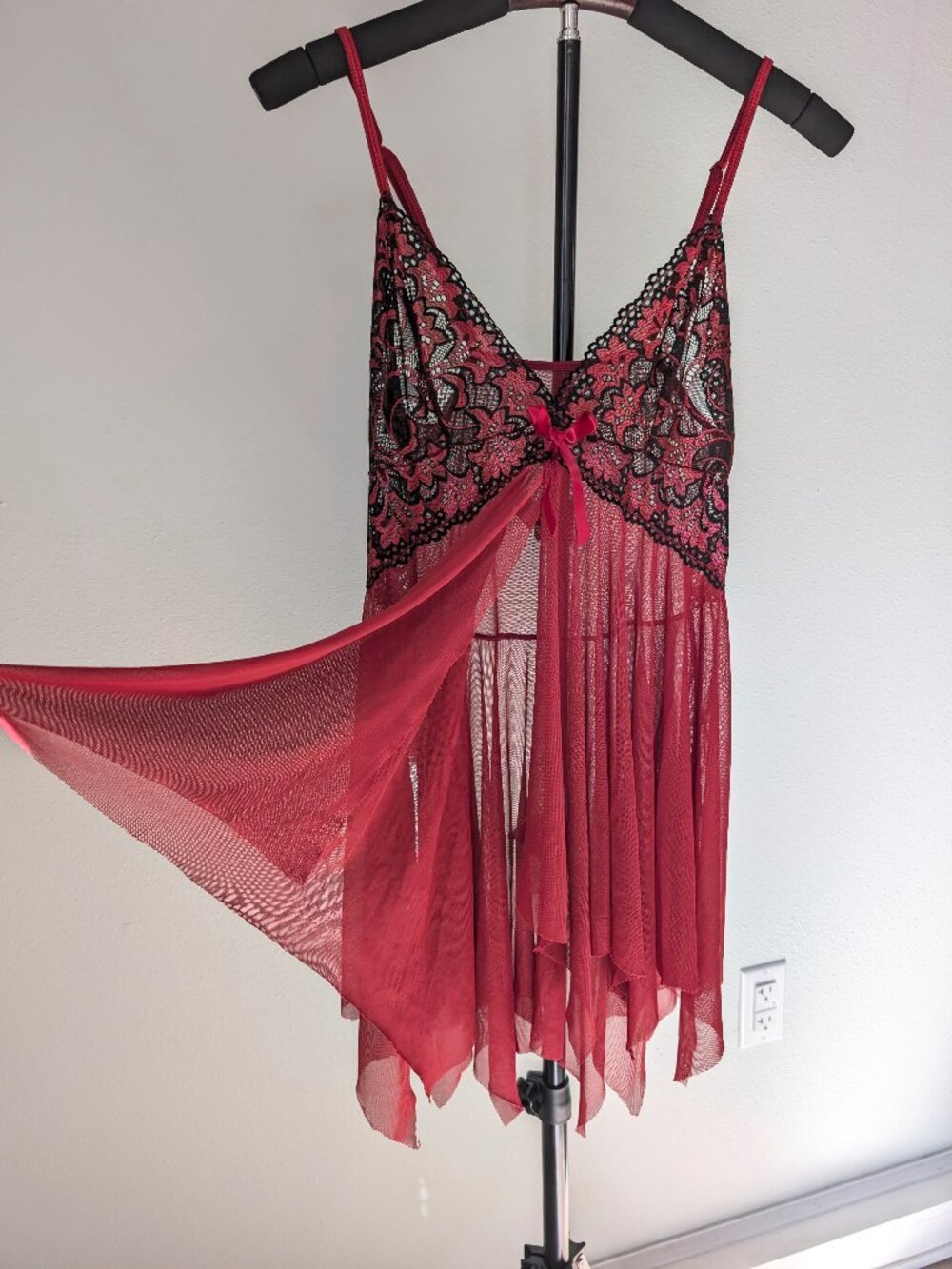 Burgundy Lace Babydoll Chemise, Sheer Mesh Handkerchief Split Skirt Dress, Large